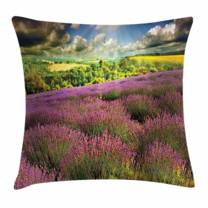 Lavender Field Photo Sunlight Pattern Printed Cushion Cover