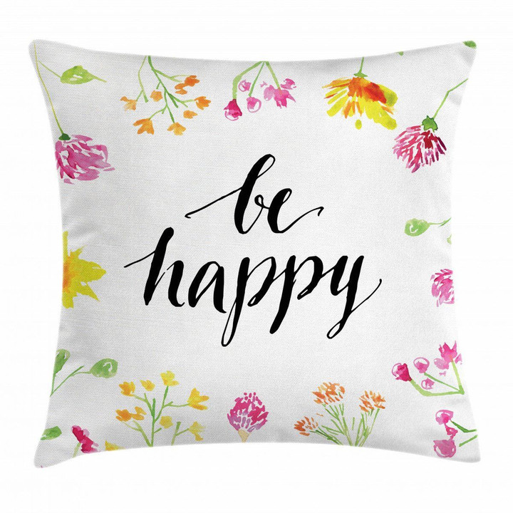 Be Happy Wildflowers Art Pattern Printed Cushion Cover
