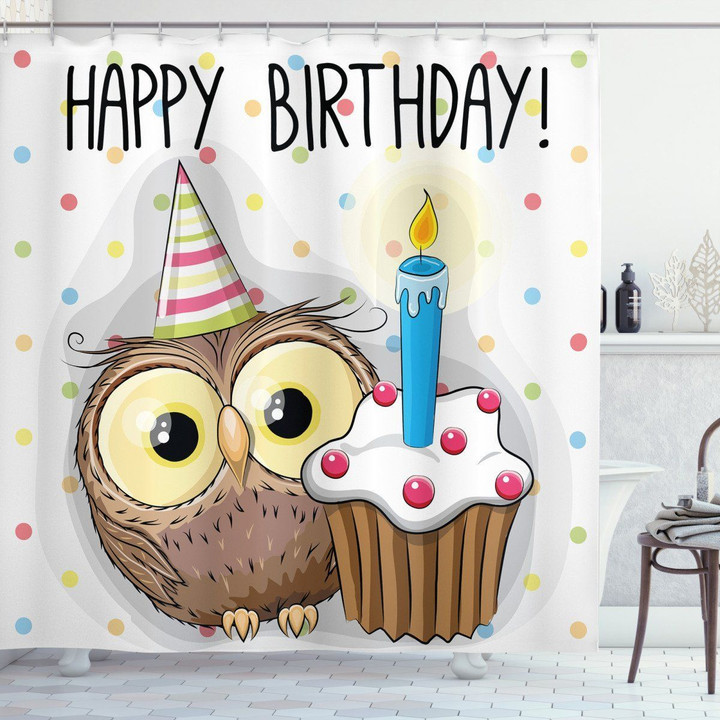 Baby Owl Party Cake Happy Birthday Shower Curtain Home Decor
