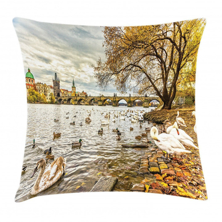 Swimming Swans In River Art Pattern Printed Cushion Cover