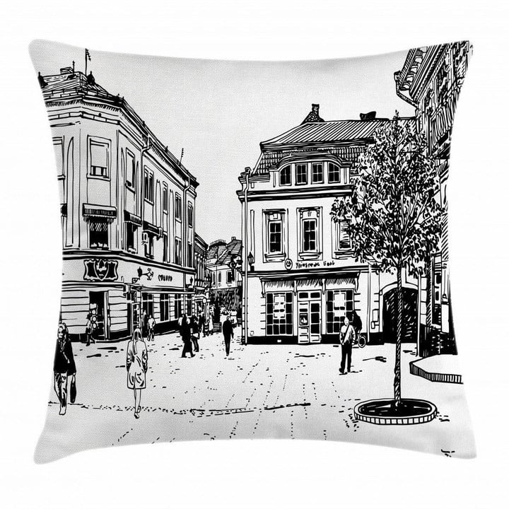 Retro Street Sketch Art Printed Cushion Cover