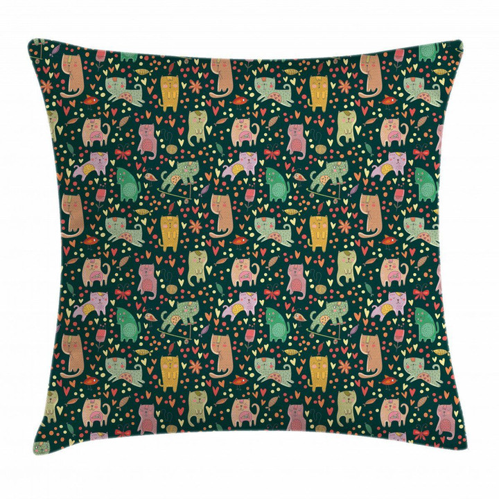 Nocturnal Theme Kittens Pattern Printed Cushion Cover