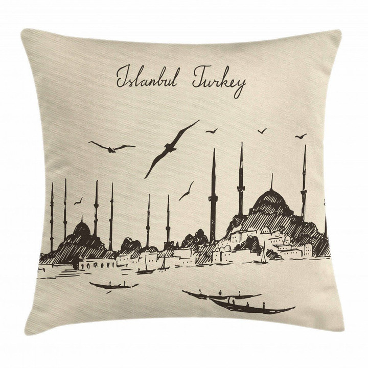 Sketch Skyline Gulls Islanbul Turkey Pattern Cushion Cover