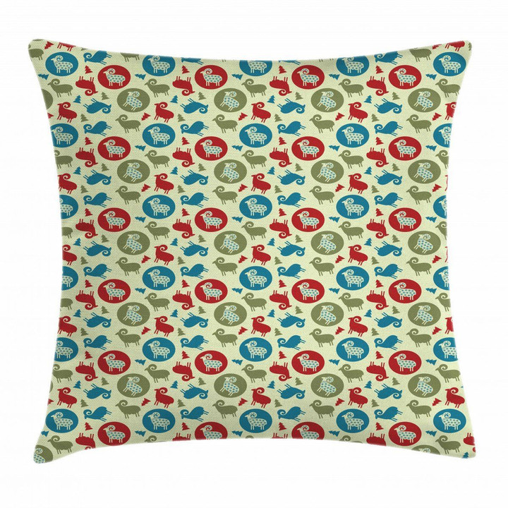Pine Tree Ram Colorful Pattern Printed Cushion Cover