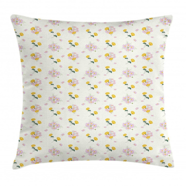 Cosmee And Zinnia Flowers Pattern Printed Cushion Cover
