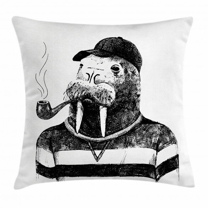 Walrus With Pipe Sketch Pattern Printed Cushion Cover