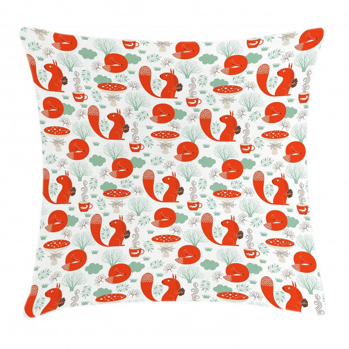 Squirrel Fox Fungus Tea Pattern Printed Cushion Cover