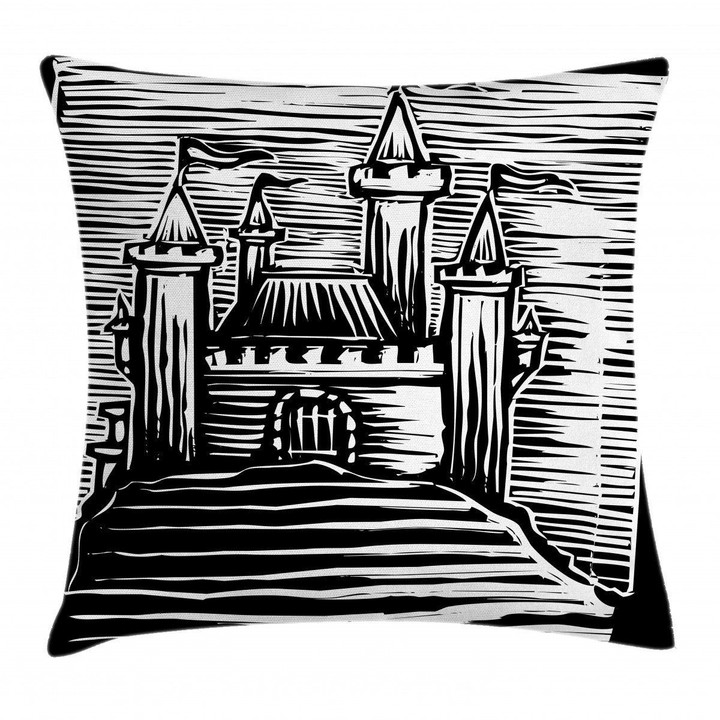 Woodcut Medieval Fortress Pattern Printed Cushion Cover
