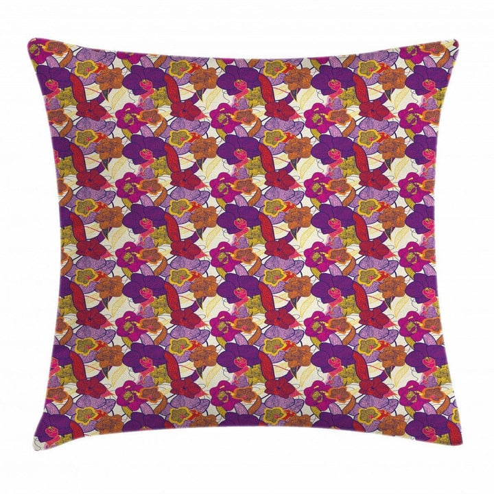 Vibrant Vintage Orchid Art Pattern Printed Cushion Cover
