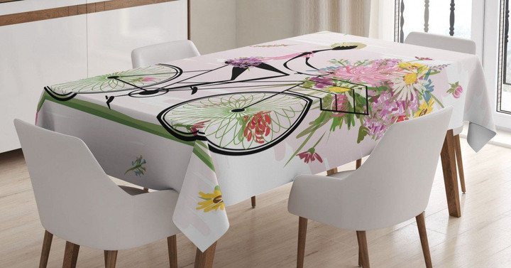 Girl Riding Bike Flowers Printed Tablecloth Home Decor