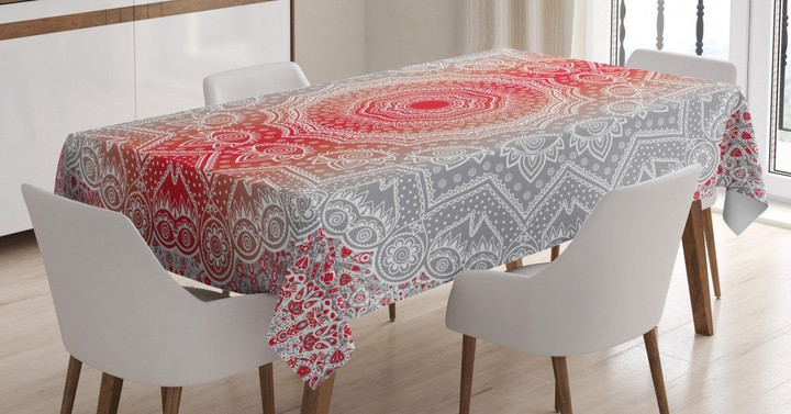 Red And Grey Boho Mandala Printed Tablecloth Home Decor
