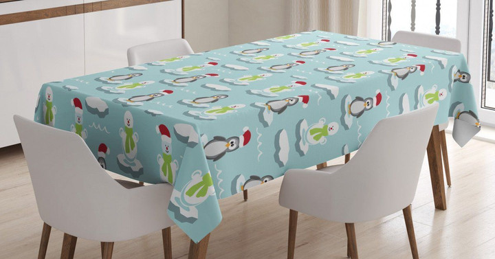 Penguin Snowman Ice Flower Pattern Printed Tablecloth Home Decor