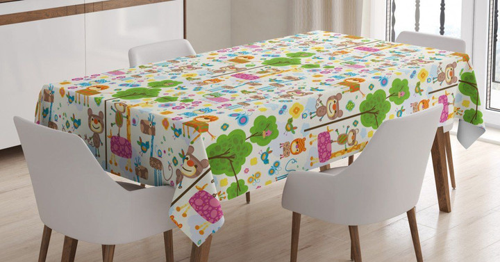 Happy Jungle Zoo Animals Pattern Printed Tablecloth Home Decor
