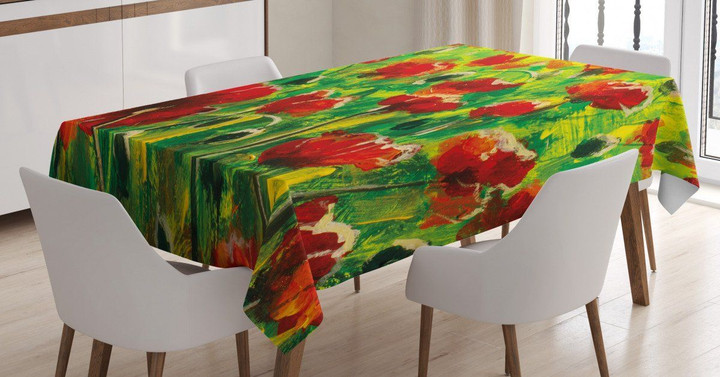 Poppies On Green Grass Oil Painting Printed Tablecloth Home Decor