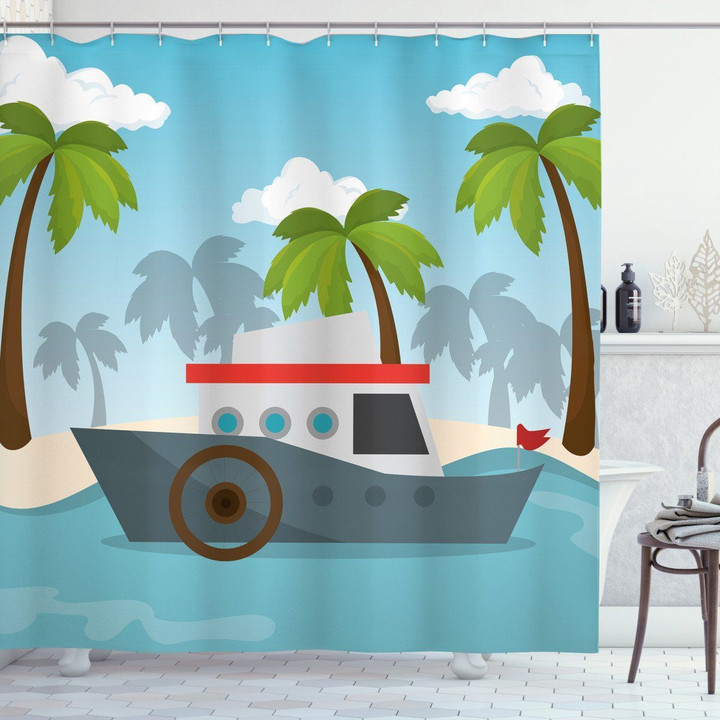 Cartoon Boat Palms Shower Curtain