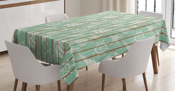 Mint Seashell Sailing Art Printed Tablecloth Home Decor