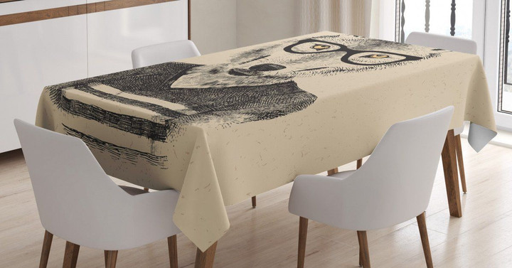 Hand Drawn Wolf And Glasses Pattern Printed Tablecloth Home Decor