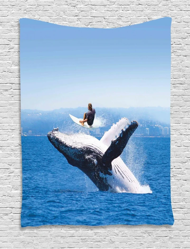 Jumphing Dolphin Surfer Design Printed Wall Tapestry Home Decor
