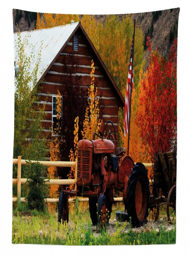 Rustic Cabin With Tractor Design Printed Tablecloth Home Decor