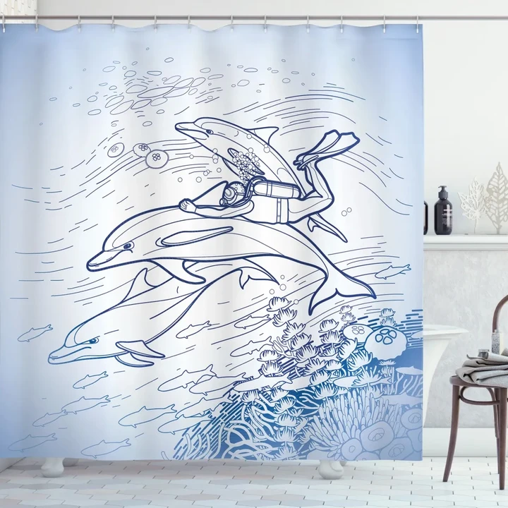 Sketch Scuba Diver Printed Shower Curtain Bathroom Decor