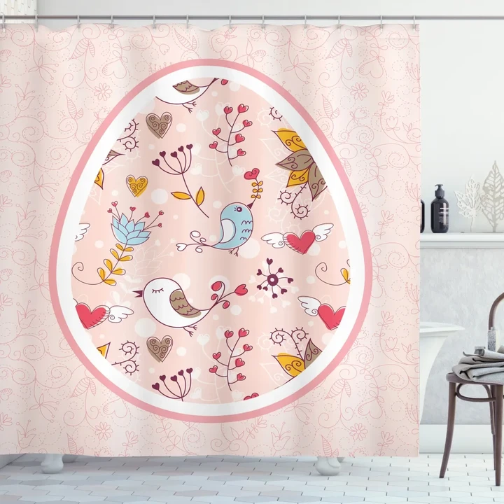Botanical Art Birds In Oval Pattern Printed Shower Curtain Home Decor