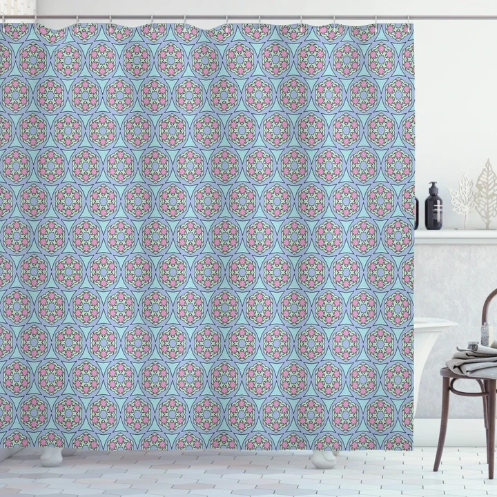 Oriental Floral Tile Pattern Printed Shower Curtain Home Decor