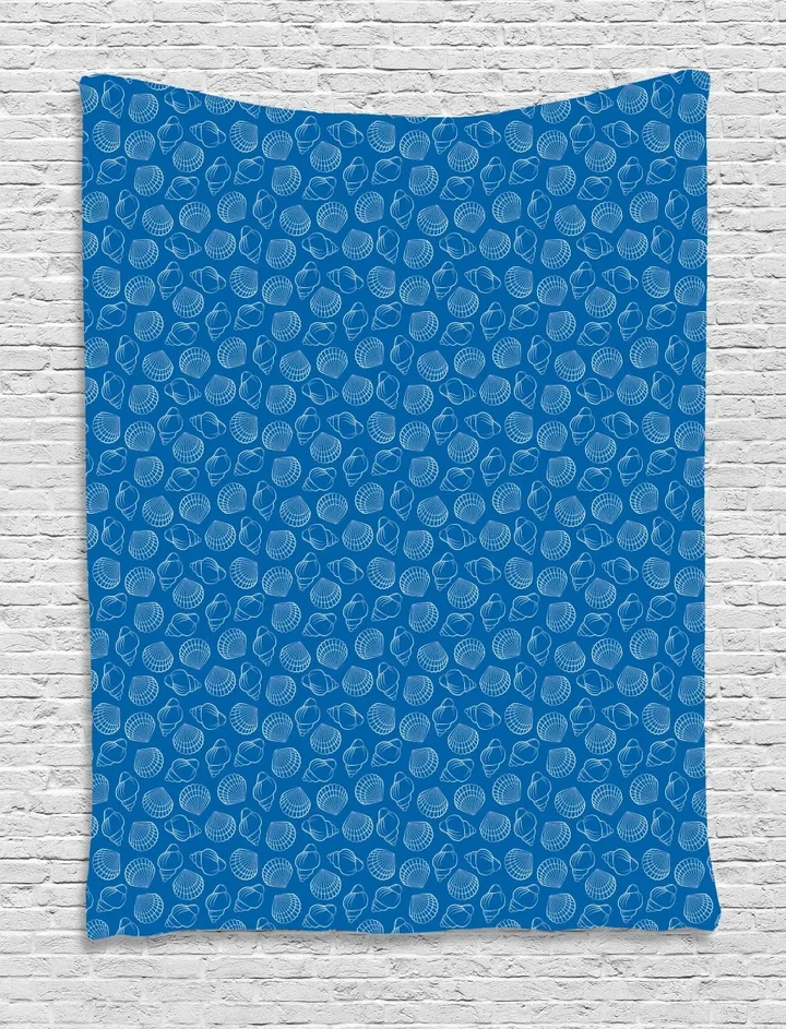 Seashells Outline Simplistic Blue Pattern Printed Wall Tapestry