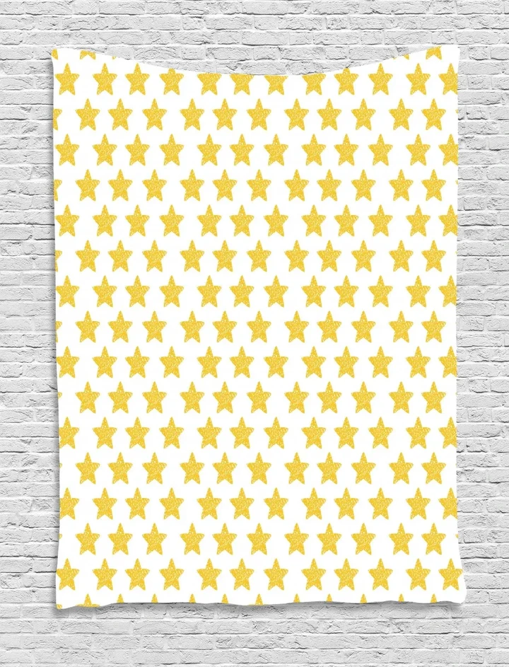 Symmetric Grunge Yellow Star On White Pattern Printed Wall Tapestry