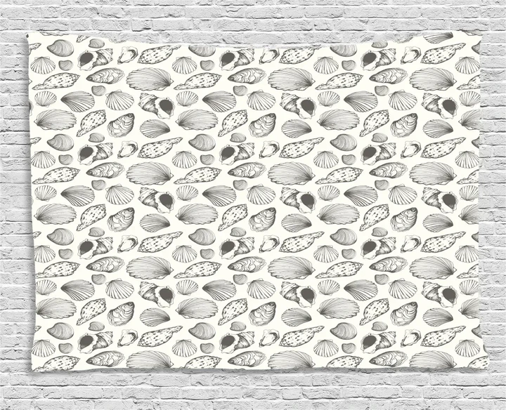 Sketch Seashells Wide Black And White Pattern Printed Wall Tapestry