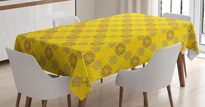 Swirly Flowers Yellow Design Printed Tablecloth Home Decor