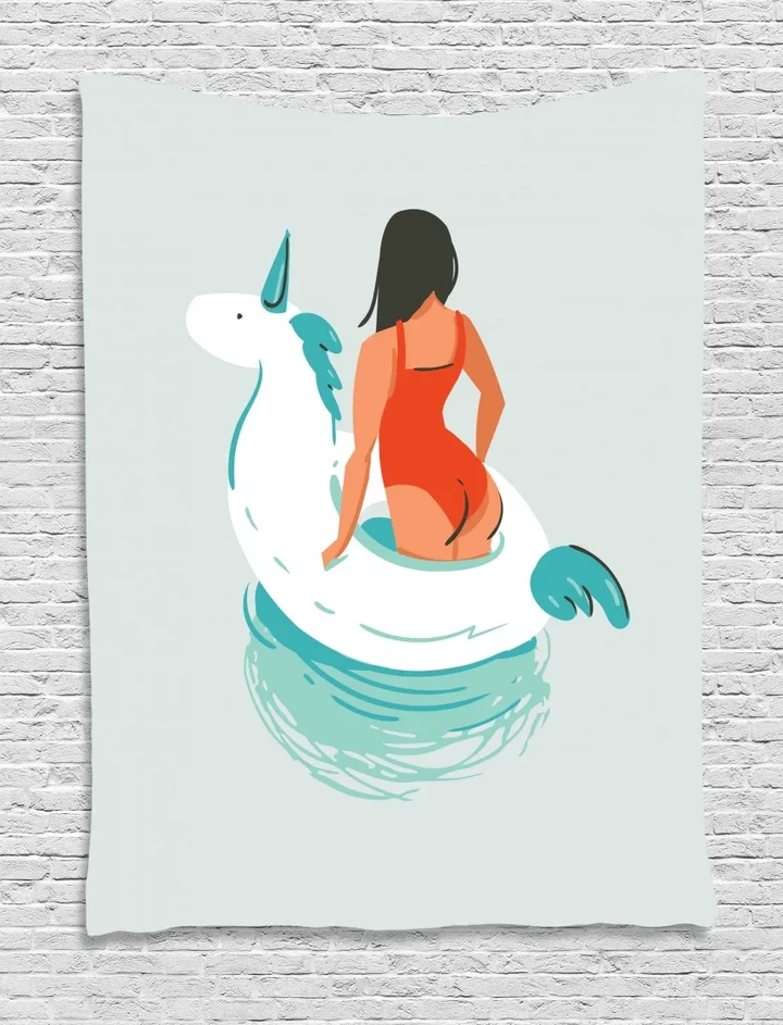 Young Girl With Unicorn Float Pattern Green Background Printed Wall Tapestry