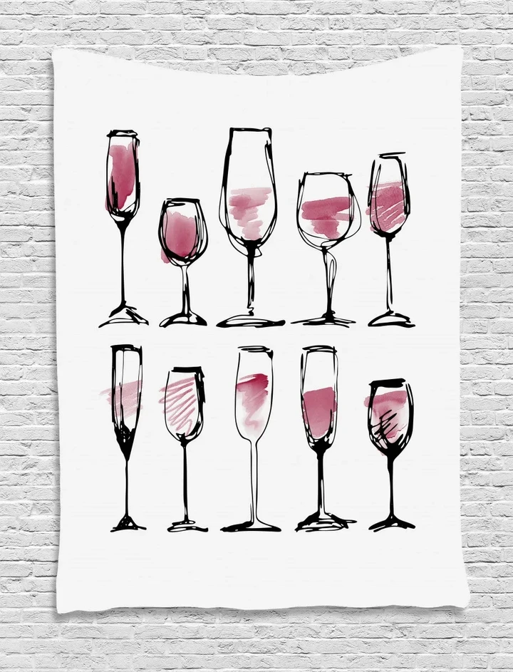 Sketch Wine Glasses Black And Pink Pattern Printed Wall Tapestry