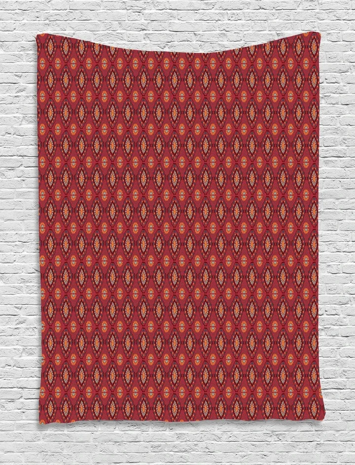 Ikat Geometric Motif Spotted On Red Pattern Printed Wall Tapestry