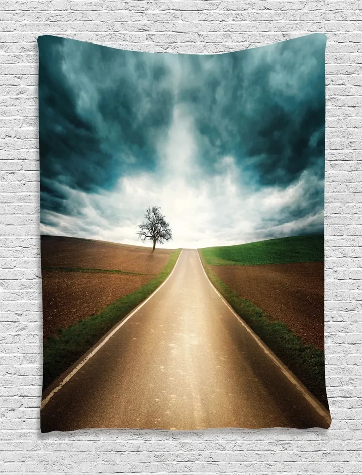 Roads Travel Clouds Skyline Pattern Printed Wall Tapestry