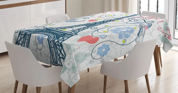 Eiffel Swirling Flowers Heart Design Printed Tablecloth Home Decor