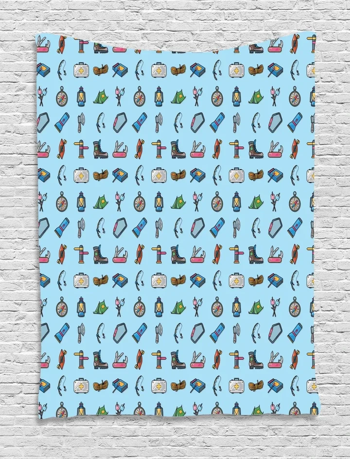 Camping Equipment Hiking On Blue Pattern Printed Wall Tapestry