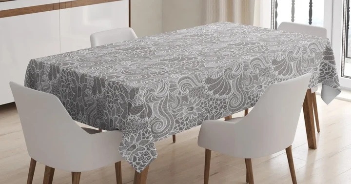 Gray Flowers With Leaves Design Printed Tablecloth Home Decor