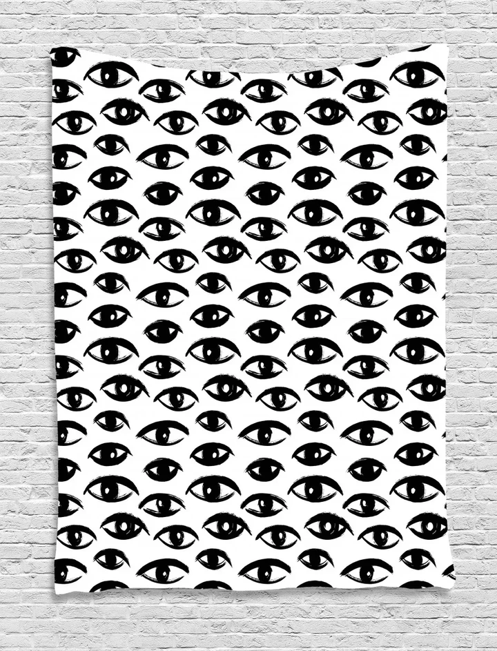 Sketch Style Eyes On White Pattern Printed Wall Tapestry