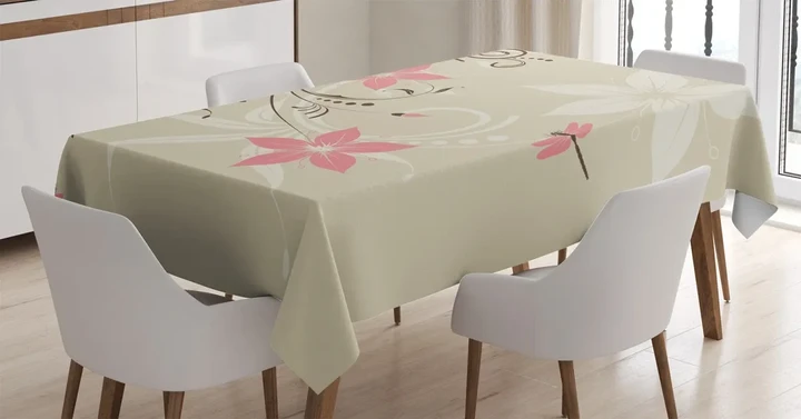 Flying Dragonflies Pink Flower Design Printed Tablecloth Home Decor