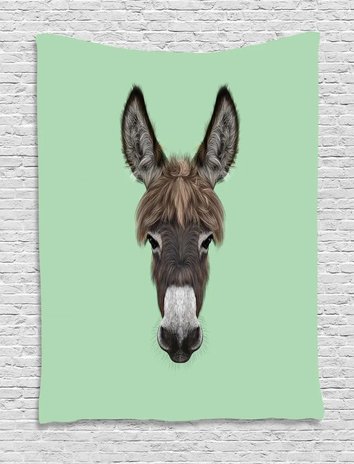 Illustrated Animal Portrait On Green Pattern Printed Wall Tapestry
