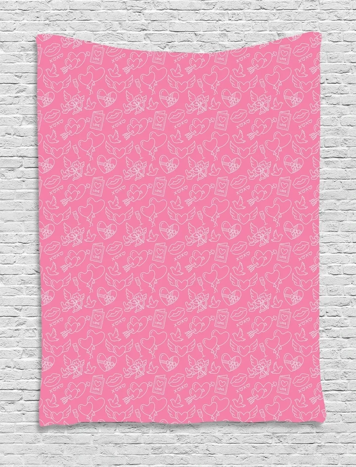 Romantic Celebration Outline Heart On Pink Pattern Printed Wall Tapestry