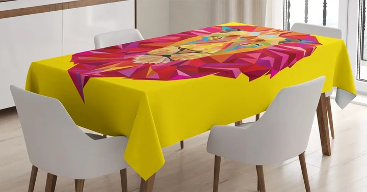 Geometric Lion Face Yellow Design Printed Tablecloth Home Decor
