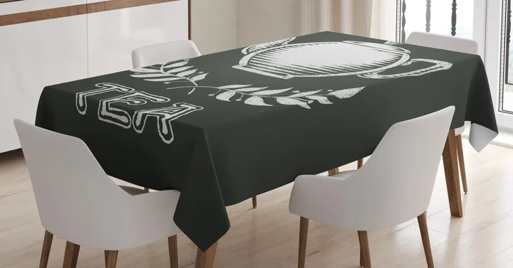 Teapot Leaf Branches Chalkboard Design Printed Tablecloth Home Decor