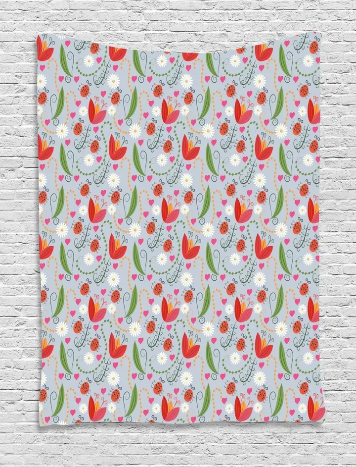 Romantic Tulip Daisy Spotted Colorful Pattern Printed Wall Tapestry