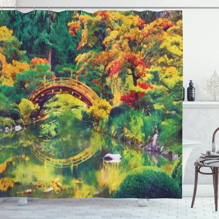 Garden With Old Bridge Trees Pattern Printed Shower Curtain Home Decor