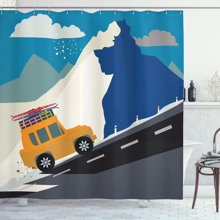 Winter Mountain Road Ski Pattern Printed Shower Curtain Home Decor