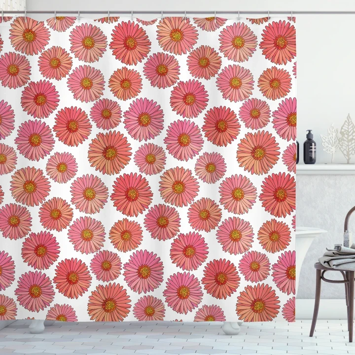Pink Bloom Field Flourish Pattern Printed Shower Curtain Home Decor