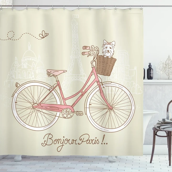 Postcard From Paris Bicycle Pattern Printed Shower Curtain Home Decor