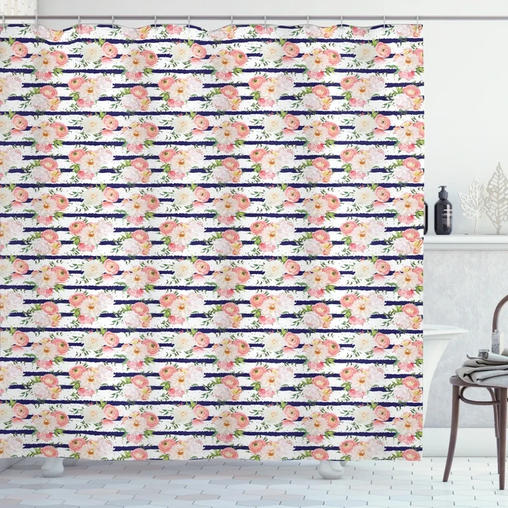 English Garden Navy Stripes Pattern Printed Shower Curtain Home Decor