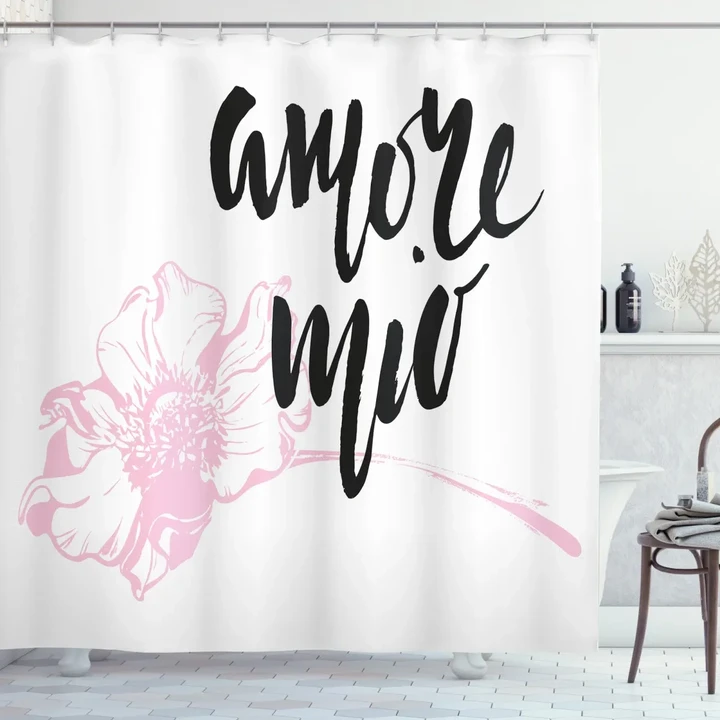 Amore Mio With Flower Black Words Pattern Printed Shower Curtain Home Decor